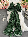 Sexy Polka Dot Romper Women Elegant V-Neck Puff Short Sleeve High Waist Jumpsuit Female Loose Wide Leg Playsuits