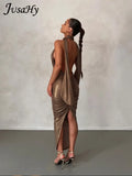 Women 2023 New Y2K Bright Golden Elegant Evening Party Wedding Backless Super Low Cut Lace Up Pleated Hem Slitted