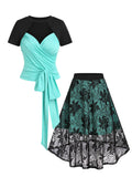 Out Surplice Bowknot T Shirt and Floral Lace Overlay High Low Skirt Outfit Two Piece Outfit Bicolor Tee Dip Hem