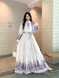 And Autumn New Women's Collar Bubble Sleeve Lantern Long-Sleeved Lantern With Belt Positioning Print Single Buckle