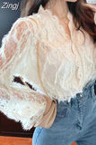 V-neck Hollow Lace Bottoming Shirt Korean Fashion Long Sleeve Elegant Blouse Slim Vintage Shirt Women Tops Blusas