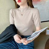 Summer Knitted Thin Sweater Pullovers Korean Half Sleeve Turtleneck Sweater for Women Slim Jumper Tops Office