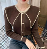 Fashion Woman Sweaters Embroidered Cropped Knitted Sweater Vintage Cute Peter Pan Collar Female Pullovers Chic