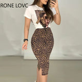 Women Short Sleeve Print Top & Leopard Slit Skirt Set Casual 2 Pieces