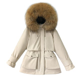 Large Natural Fox Fur Hooded Winter Jacket Women 90% White Duck Down Thick Parkas Warm Sash Tie Up Snow