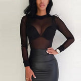 Women T Shirt See Through Transparent Mesh Tops Long Sleeve Sheer Slim Ladies Turtleneck