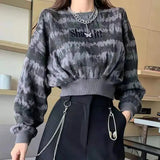 Y2K Tie Dye Loose Women Cropped Sweatshirt Pullover Korean Fashion Gothic Letter Tops Lady Fall Casual All-match