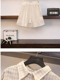 Shorts Three Piece Sets Womens Outfit Korean Casual Knitted Vest+plaid Long Sleeve Sunscreen+ Shorts Sets Women