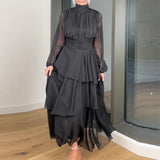 Zingj 2023 New French Hepburn Wind Solid Color High Collar Waist Cake Dress Woman-Outfit