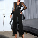 black Sequin bodycon jumpsuit women elegance mesh Long sleeve body birthday party club outfits jumpsuits bodysuit