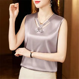 Summer V Neck Solid Youth Shirt Fashion Sleeveless Satin Blouse for Woman Loose Casual Silk Top Blusas Elegant