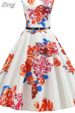Print Vintage Dress Women Summer Pin Up Elegant Party Rockbility Robe A-Line Office Sundress
