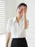 Women Shirts V-neck Short Puff Sleeve Chiffon Thin Shirt 2023 Summer Loose Button Women Tops Blouses Solid Woman