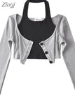 Women T-Shirts Y2k Two Piece Set Tee Top Harajuku Fashion Korean Vintage Sexy Long Sleeve Crop Top Funny T Shirts 2000s
