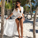 Sexy Hollow Out White Summer Dress Beach Tunic Women Beachwear Long Sleeve Front Open Self Belted Maxi Dresses