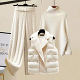 Warm 3 Piece Sets Womens Outfits Office Ladies Turtleneck Knitted Sweater+woolen Parkas Vest+wide Leg Knitting Pants