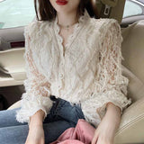 V-neck Hollow Lace Bottoming Shirt Korean Fashion Long Sleeve Elegant Blouse Slim Vintage Shirt Women Tops Blusas