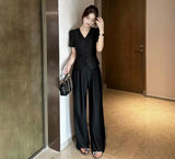 Women Fashion Lie Fallow Suit for Women Summer New High-end Korean Style Short Loose Coat + Straight Pants Two-piece Set