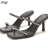 Women's shoes Black square head Rhinestone accessories High-heeled