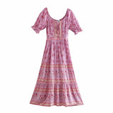 Queens Women Floral Print Beach Bohemian Maxi Dresses Ladies V Neck Front Button Rayon Boho Pleated Sundress