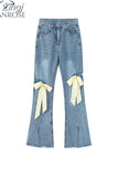 Jeans Pants Women Vintage Bow Ripped Hollow Out Ladies High Waist Harajuku Fashion Stretch Pocket Wide Leg Denim