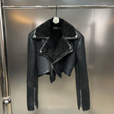 2022 Winter New Collection Turn Down Collar Zippers Sleeve Cuff Faux Fur Leather Jacket Women Irregular Coat
