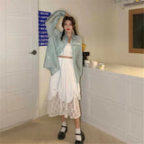 Women Solid Korean Style Irregular Lace Fashion Autumn Sweet Student Loose Casual All-match High Waist Long Pleated