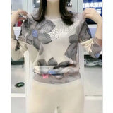 Winter Round Neck Floral Print Bronzing T-shirt Lady Oversized Long Sleeve Loose Casual Pullover Top Women Bottoming