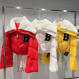 2022 Winter Long Sleeve Lambswool Sailor Collar Short White Duck Down Coat Women Drawstring Jacket
