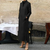 Casual Dot Print Commuter Maxi Dress Fashion Long Sleeve A-line Dress Elegant Ladies Standing Neck Pocket Straight
