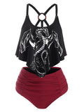 Print O Ring Strappy Ruched Tankini Swimwear Ruffled Tankini Chinese Print Bikinis