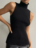 Women Knitted Turtleneck Causal Vest Chic Office Lady Sleeveless Slim Fit Ribbed Pullovers Tank Solid Streetwear