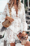 Queens Women Solid Long Sleeve Beach Sexy Hollow Out Bohemian Mini Dress Ladies V-neck Lace Boho Sundress