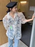 See Through Oversized Shirt Women Summer 2022 Puff Sleeve Collared Shirt Blouse Tulle Top Transparent Korean