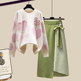 Lazy Sweater Two Piece set Women Sweet Heart-shaped beaded Pullover Jumper Top + Irregular Striped Skirt Knit 2PCS