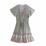Queens Women Floral Print Short Sleeve V-neck Front Button Beach Bohemian Sundress Tassel Rayon Mini Dress
