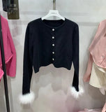 2022 Autumn New Style Removable Feather Sleeve Cuff Pearls Buttons Roung Neck Sweater Women Knitted Cardigans
