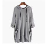 Zingj Spring New EBAY Women's Hooded Solid Color Loose T-Shirt Irregular Pocket Top-Outfit
