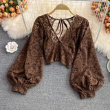 Lace Hollow Out Blouse Women Summer V-Neck Puff Sleeve Backless Tops Casual Korean Slim Lace Up Solid White Crop
