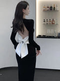 Long Black Velvet Dress Women Backless Bow Design High Split Autumn Spring Sexy Prom Evening Party Fashion Vestidos