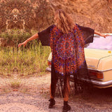 Boho Printed Fringed Half Sleeve LongChiffon Kimono Dress Plus Size Summer Beachwear Clothing Women Beach Cover Up