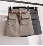 Puff Sleeve Women Fashion Autumn Winter Slim Sweet Sweaters Tops+Woollen Cloth Plaid High Waist Pockets Mini Skirts
