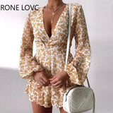 Women Elegant Fashion Sweet Floral Print V-neck Long Sleeve Dress Mini Dress Bodycon