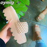 size slippers women's 2022 flat bottom beach wear woven slippers women's plus size comfortable women's