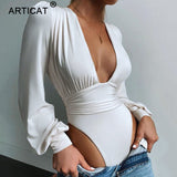 Black Deep V Neck Bodysuit Women Sexy Puff Sleeve Bodycon Jumpsuit Solid Elastic Casual Party Winter Bodysuits Body