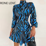 Women Elegant Turtleneck Zebra Stripes Backless Lantern Sleeves Hollow Out Bodycon Mini