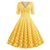 Dot Printed Summer Women Casual Vintage Dress Short Sleeve V Neck A Line Swing Pin Up Rockabilly Sundress 50s 60s