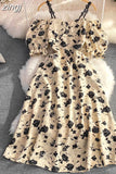 Vintage Slash Neck Off Shoulder Printed Dress Elegant Puff Short Sleeve High Waist A-Line Spaghetti Strap Vestidos