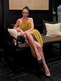 Spaghetti Strap Feather Long Dress Elegant Yellow Green Sleeveless Feather Slim Dresses Women Celebrity Party Evening