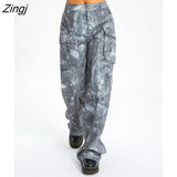 Women Fashion Tie-Dye Print Casual Cargo Pants High Waist Big Pockets Loose Trousers Spring Fall Long Baggy